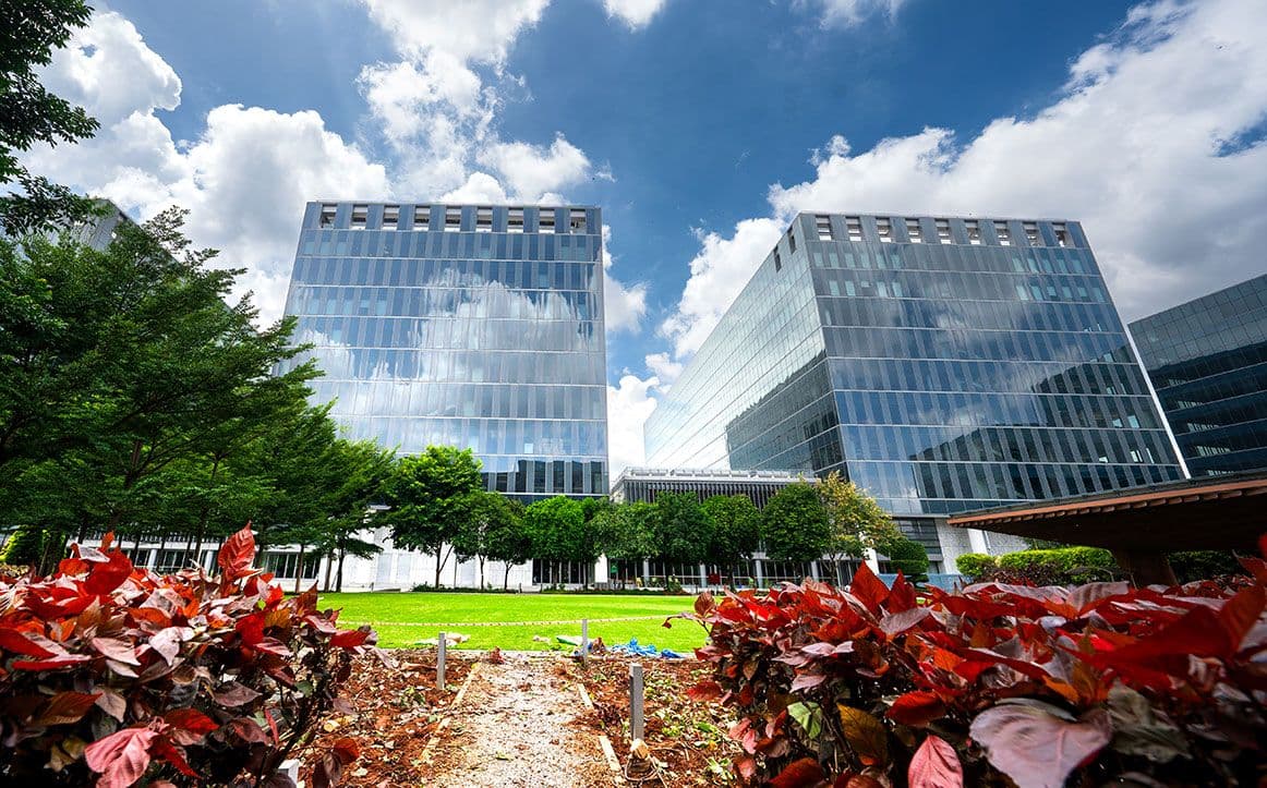 Wide-angle view of Helios Business Park's facade